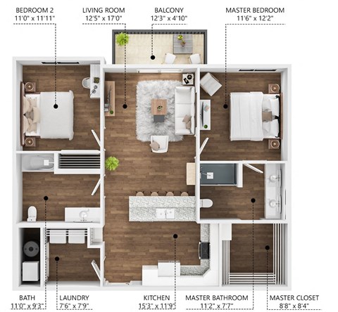 Floor plan for 2 beds, 2 baths, 1029 sqft
